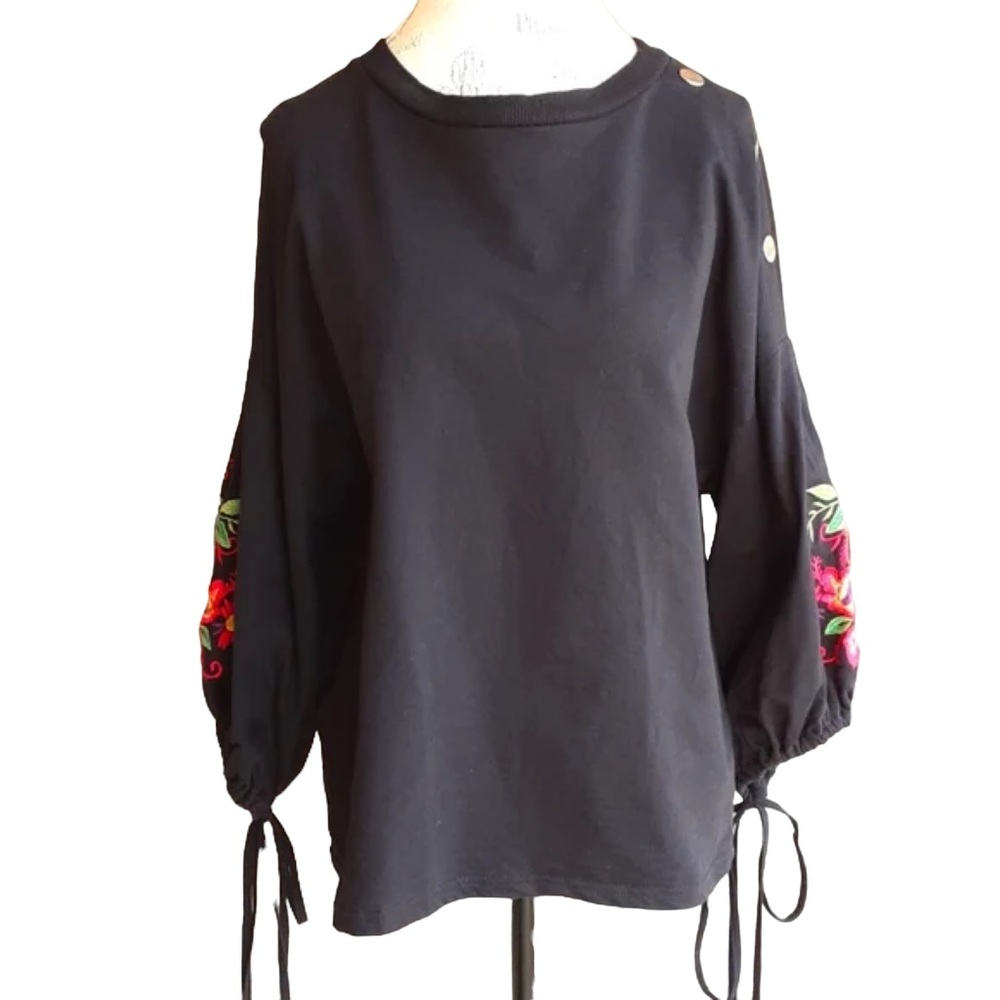 Zara Black Floral Embroidered Tie Sleeves 100% Cotton Top Blouse Small